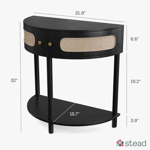 Miniatura 2 de Stead Mesa de entrada pequeña en forma de media luna de ratán, escritorio de consola con almacenamiento para espacios estrechos, decoración moderna