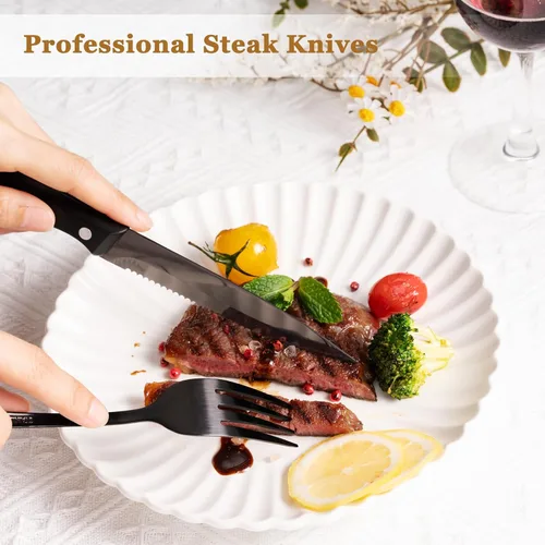 Miniatura 5 de Juego de cubiertos Astercook de 48 piezas en negro con cuchillos de carne, juego de cubiertos de acero inoxidable de grado alimenticio con acabado