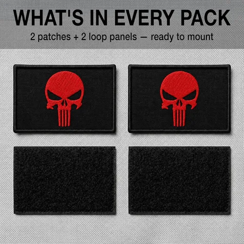 Miniatura 2 de Paquete de 2 parches de calavera roja bordados con gancho y bucle, parches militares tácticos para transportador de placas, mochila, casco, arnés