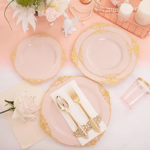 Miniatura 9 de Morejoy 175 platos de plástico rosa, juegos de platos desechables rosa y dorado, incluye 25 platos llanos, 25 platos de postre, 25 juegos de rosa