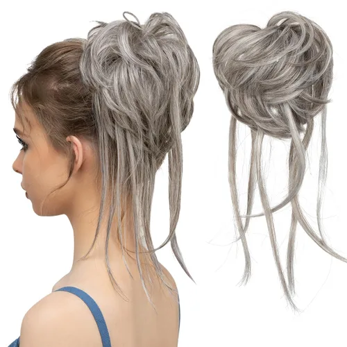 Miniatura 38 de CJL HAIR - Extensión de cabello tipo coletero de chongo desordenado, rizado, sintético, con colas rectas, scrunchies para peinados de moño