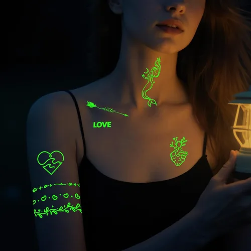 Miniatura 3 de 60 Hojas de Tatuajes Temporales que Brillan en la Oscuridad, Pegatinas Luminosas Minimalistas de Tatuajes Falsos para Adultos, Hombres, Mujeres