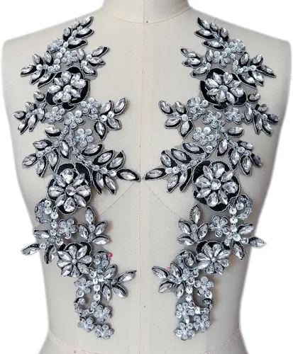 1 par de parches de encaje con cristales brillantes, cuentas de vidrio y piedras, para coser a mano, accesorios para decoración de vestidos de novia