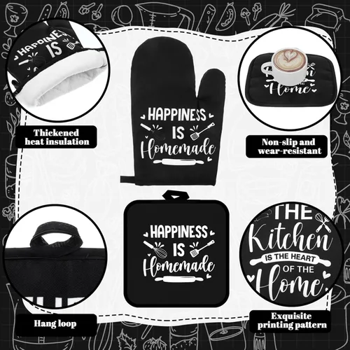 Miniatura 5 de Fourluoo Juego de 10 piezas de decoración y accesorios de cocina de granja, 4 toallas de cocina, 2 soportes para ollas, 2 guantes de horno, 2 Negro
