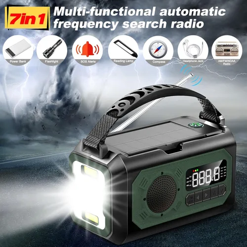 Miniatura 3 de Radio de emergencia de 44400 mWh/12000 mAh, radio solar portátil con manivela AM/FM/NOAA Radio meteorológica con 2 paneles solares, 3 métodos