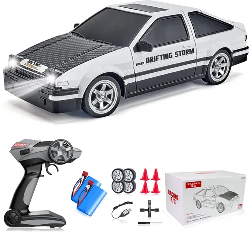 Coche de deriva RC 1/16 2.4GHz 4WD RTR Drift Auto de alta velocidad con luces LED, dos baterías y neumáticos a la deriva, autos de juguete de Red-2