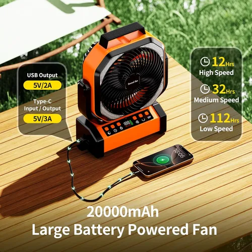 Miniatura 4 de Socool Ventilador de campamento con luz, ventilador de batería recargable de 20000 mAh con control remoto, 112 horas y 8 velocidades, pantalla