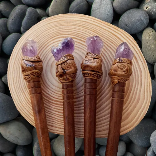 Miniatura 4 de Barra de pelo natural de piedra preciosa curativa de cuarzo ahumado con madera tallada a mano, regalos hechos a mano, estilo bohemio, reiki