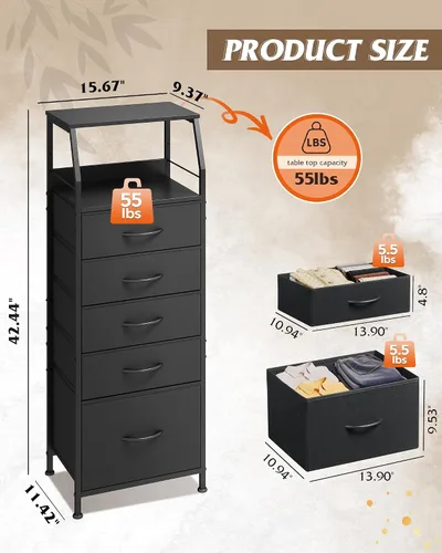Miniatura 3 de WLIVE Cómoda de tela negra para dormitorio, mesita de noche alta con 5 cajones y 2 estantes abiertos, moderno organizador de mesita de noche, mesita