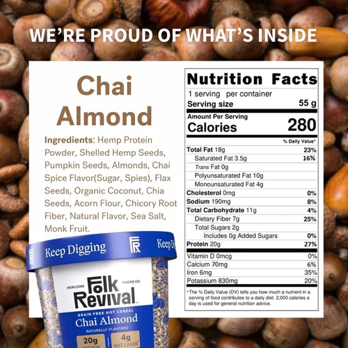Miniatura 3 de Folk Revival Chai Almond Keto Instant 'Oatmeal' - 0.71 onzas de proteína, 0.71 onzas de carbohidratos netos, alto en fibra, sin OMG, sin gluten