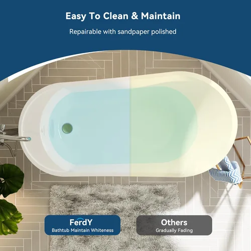 Miniatura 5 de FerdY Langkawi - Bañera independiente de acrílico de 59 pulgadas, bañera de remojo sola moderna blanca, certificado cUPC, drenaje dorado cepillado