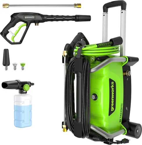 Greenworks 2100 PSI (certificado SGS) 1.2 GPM 13Amp Lavadora eléctrica compacta a presión con mango telescópico para autos, calzadas, patios,