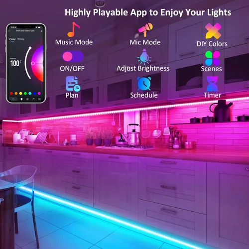 Miniatura 5 de Maylit 8 piezas de 3.3 pies de kit de luces RGB inteligentes para debajo del gabinete, funciona con Alexa y Google Assistant, control por aplicación