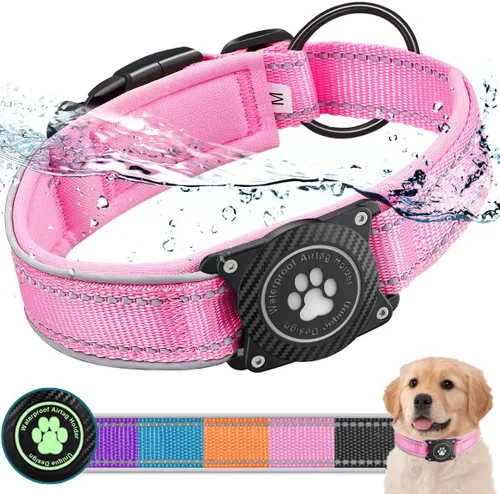 Miniatura 8 de Collar para perro Airtag con soporte impermeable para AirTag, luminoso reflectante, acolchado suave, collar de nailon ajustable para perros Negro