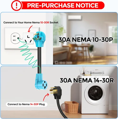 Miniatura 2 de Adaptador de Secadora CircleCord 4 Puntas a 3 Puntas, Secadora Nueva de 4P a Casa Antigua de 3P, Cable de Conversión de Enchufe NEMA 10-30P a Azul