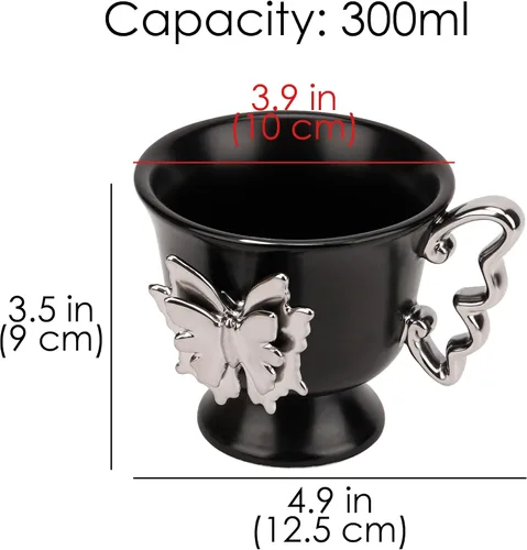 Miniatura 2 de Taza de café de cerámica, taza de café artística de 10 onzas con mariposa plateada 3D y mango en forma de mariposa, elegante taza de té vintage