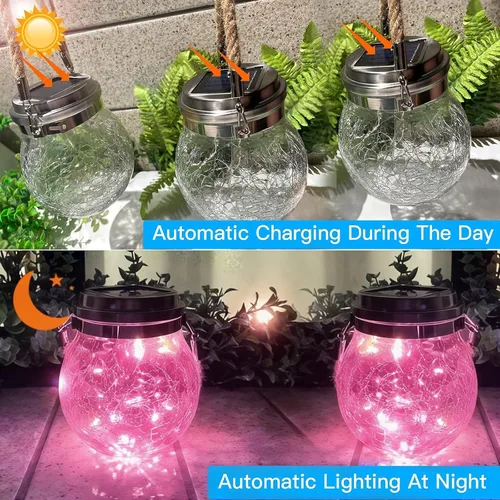 Miniatura 2 de Luces solares colgantes para exteriores, VGE Paquete de 2 luces de bola de vidrio agrietado con 30 LED decorativas, luces solares impermeables