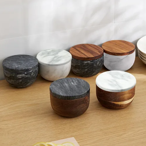 Miniatura 5 de Jalz Jalz Salero de sal con cuchara, base de mármol negro, tapa de acacia natural, cajas decorativas, recipiente para condimentos, diseño elegante