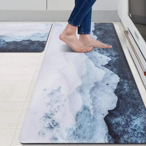 Miniatura 16 de MAYHMYO Juego de 2 tapetes de cocina antifatiga, diseño de mármol y azul, alfombrillas acolchadas y antideslizantes