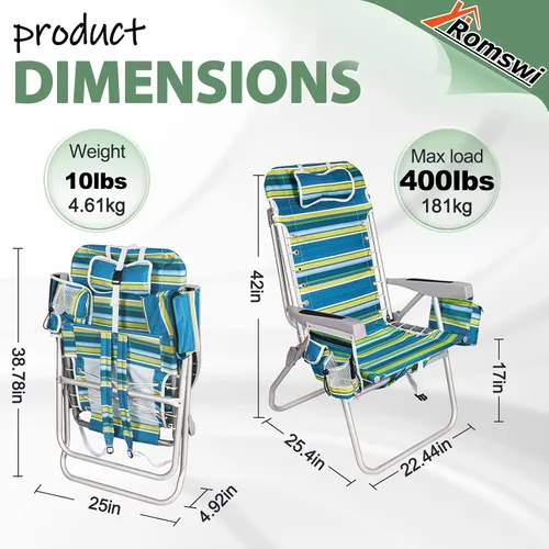 Miniatura 3 de Romswi Silla de playa alta extra ancha para adultos, mochila de asiento alto de 17 pulgadas con bolsa refrigeradora, soporte para taza y teléfono