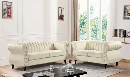 Container Furniture Direct Chesterfield - Juego de sofá y sofá biplaza de piel sintética de 2 piezas para sala de estar con diseño elegante, patas