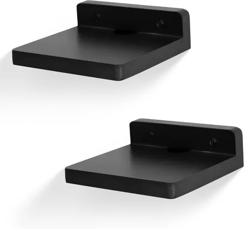 Miniatura 8 de Pequeño estante flotante para pared, juego de 2 estantes de pared de madera de 5 pulgadas, mini altavoces, monitor de bebé, cámaras, soporte de Negro