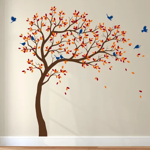 Miniatura 14 de Calcomanías de pared para árbol grande, calcomanías de árbol inclinado con pájaros, mural de vinilo decorativo KW032