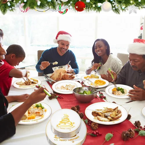 Miniatura 5 de EBOOT 60 piezas de platos de Navidad, platos de plástico de árbol de Navidad redondos desechables para postre y cena, suministros para fiesta