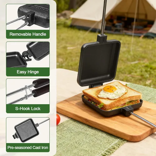 Miniatura 4 de AILITOR Mountain Pie Maker - Juego de 2 planchas de hierro fundido para acampar con bolsa de almacenamiento, sandwichera de hierro fundido