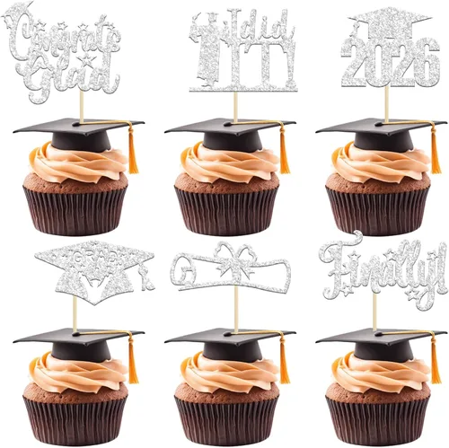 Miniatura 16 de Paquete de 24 adornos para cupcakes de clase 2026 con purpurina 2026 Felicidades Graduación Diploma Done Cupcake Picks 2026 Graduación Temática