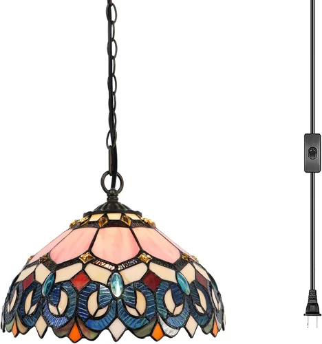 Lámpara Colgante Tiffany con Enchufe, Lámpara Colgante de Cristal Emplomado de 12 Pulgadas, Cadena de 39 Pulgadas, Cable de 15 Pies, Sala de Estar,