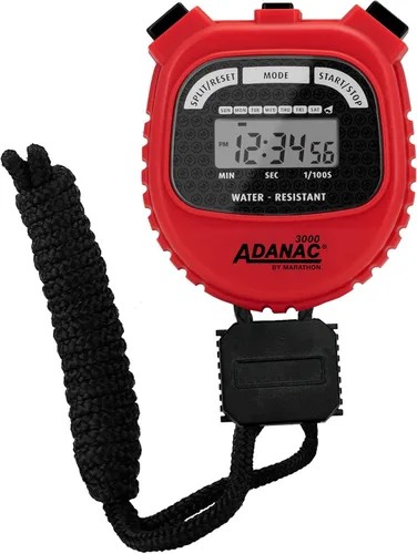 Marathon Adanac 3000 cronómetro digital, color rojo, alta precisión de 1/100 segundos, resistente al agua, al polvo y a los golpes, cordón de 46