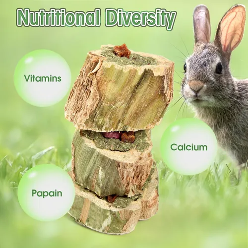 Miniatura 4 de Abizoo Juguetes masticables de conejo para conejo, madera de papaya natural, golosinas masticables con heno de alfalfa orgánica, zanahoria seca