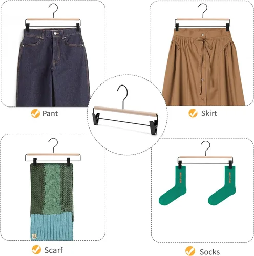 Miniatura 4 de Nature Smile Percha de madera de haya para pantalones de mezclilla con 2 clips negros mate ajustables y gancho, paquete de 10