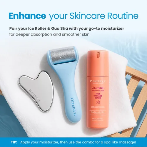 Miniatura 6 de PLANTIFIQUE Juego de Rodillo Facial de Hielo y Gua Sha de Acero Inoxidable - Herramientas de Masaje para Cuidado de la Piel con Crioterapia - Juego