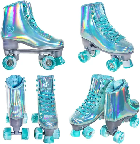 Miniatura 6 de JajaHoho Patines roller para mujeres, patines holográficos, patines de cuatro ruedas de doble fila brillantes para niñas al aire libre (verde)