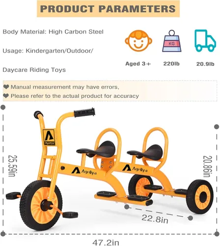 Miniatura 2 de Triciclos en Tándem para Niños de 3 a 5 Años, Triciclo de Pedal Preescolar para Juego Grupal en el Patio, Marco de Metal Resistente, Neumáticos