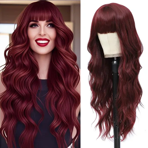 Miniatura 21 de Peluca larga negra ondulada con flequillo para mujer, 26 pulgadas, peluca sintética de aspecto natural de repuesto para uso diario, fiesta, cosplay