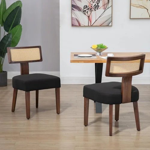 Miniatura 30 de Juego de 4 sillas de comedor, sillas de cocina de tela tapizada en madera, silla acolchada de lino sin brazos con respaldo curvo acentuado