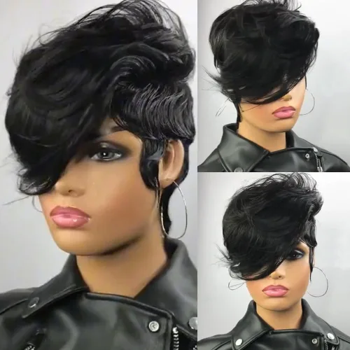 Pelucas de corte Pixie para mujeres negras, pelucas cortas Bob con flequillo, pelucas naturales en capas lacias, hechas a máquina, color 1B,