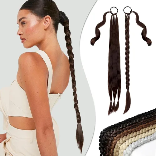 Miniatura 13 de Extensión de cola de caballo larga trenzada con banda para el cabello, color marrón claro, extensiones de cabello sintético suave y natural