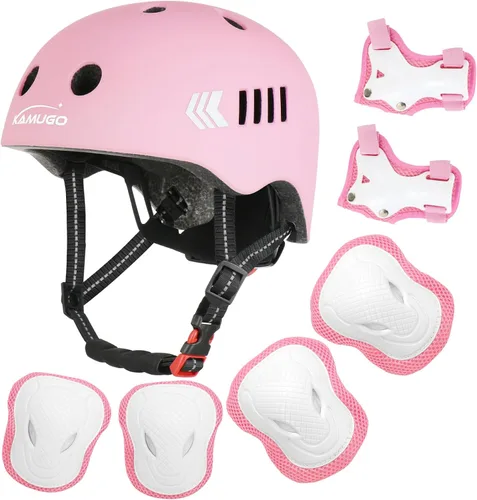 KAMUGO - Juego de cascos de bicicleta para niños, casco ajustable para niños de 2 a 8 años, niños y niñas, con equipo de protección deportiva, Rosa