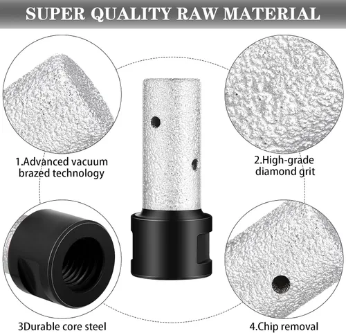 Miniatura 4 de Lothee 3 brocas de biselado de diamante con adaptador de rosca de 5/8-11, brocas de fresado de dedo de diamante de 3/5 pulgadas para azulejos, Negro