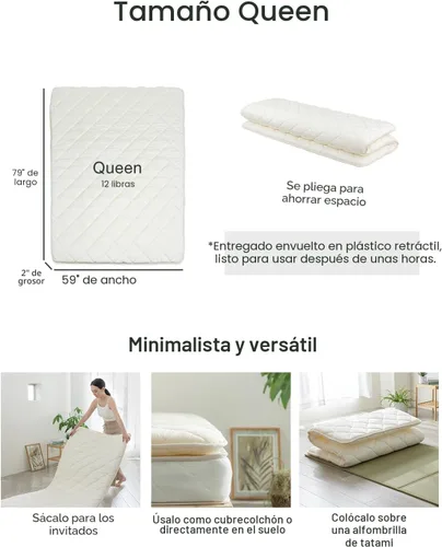 Miniatura 2 de FULI Colchón de futón japonés, plegable y portátil, sofá cama para el suelo, colchoneta enrollable, Shikibuton, hecho en Japón (Blanco, Queen)