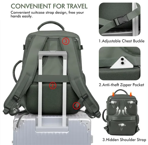 Miniatura 7 de Mochila de viaje de mano aprobada por aerolíneas Beraliy para hombres y mujeres, Verde oliva-Verde, Grande, Mochilas de viaje