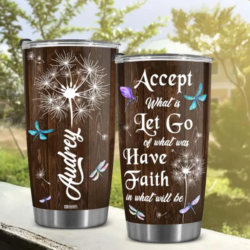 Miniatura 5 de BECHUSKY Vaso personalizado de viaje de diente de león con tapa, 20 onzas, Acepta lo que es dejar ir de lo que era de madera Taraxacum flor floral
