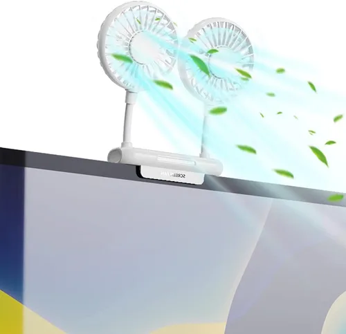 Ventilador de monitor con 2 cabezales giratorios, 3 velocidades, abrazadera resistente, ventilador de refrigeración alimentado por USB para Blanco