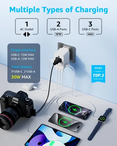 Miniatura 3 de Adaptador de viaje universal, adaptador de enchufe de viaje internacional con 3 puertos USB-C y 2 puertos USB-A (total 30 W), adaptador portátil