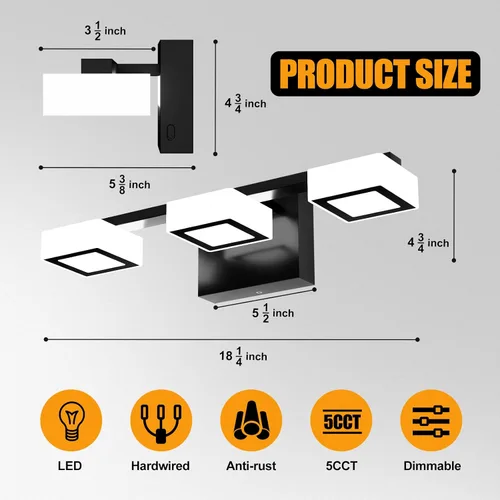 Miniatura 4 de Lámparas LED modernas para baño, 3 luces regulables con 5 modos de color, accesorios de iluminación de pared de baño acrílico negro mate sobre