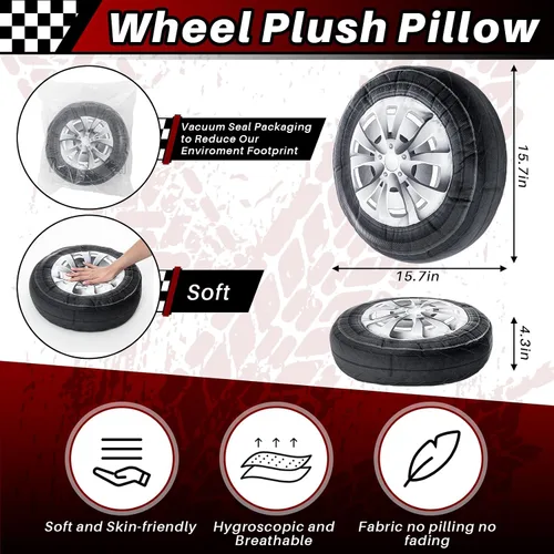 Miniatura 2 de Meooeck 1 pieza 39.9 cm de simulación 3D, almohada de felpa en forma de rueda para coche, gran almohada de neumático suave y voluminosa, almohada
